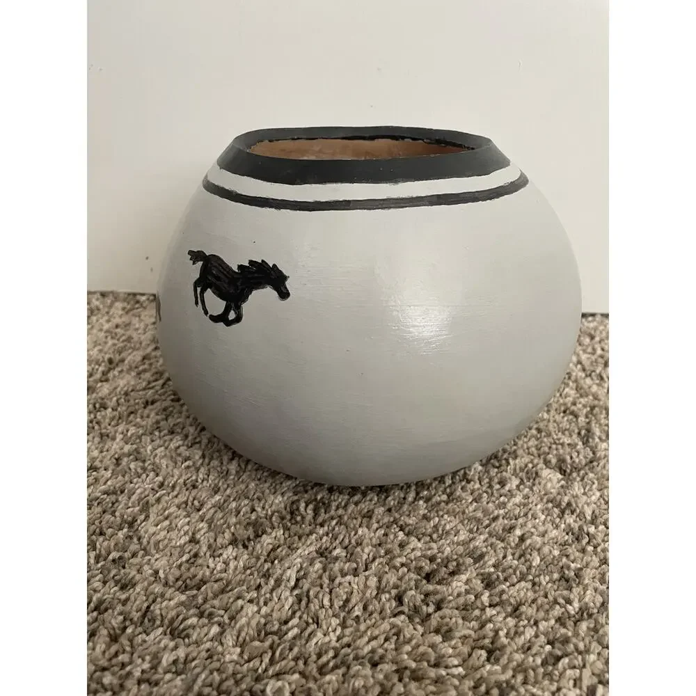 Gourd Bowl Vase Horses Hand-painted Hand Carved 2010 Signed Southwestern